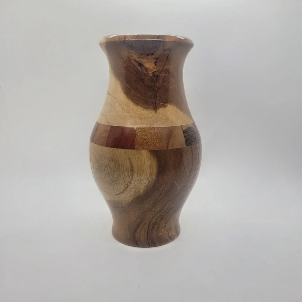 Handmade Segmented Wood Vase Artisan Turned Decorative Inlay Brown 8 inch